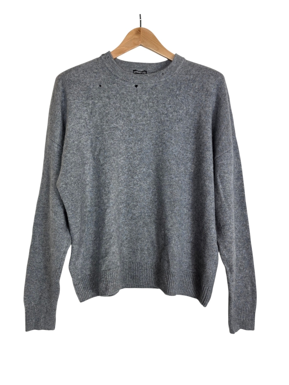Minnie Rose Knit Cashmere Distressed Women's Crewneck Sweater in Heather Gray